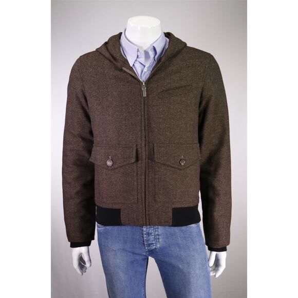 La Merde Brown Herringbone Hooded Bomber Jacket Coat Men's Medium - Picture 1 of 9